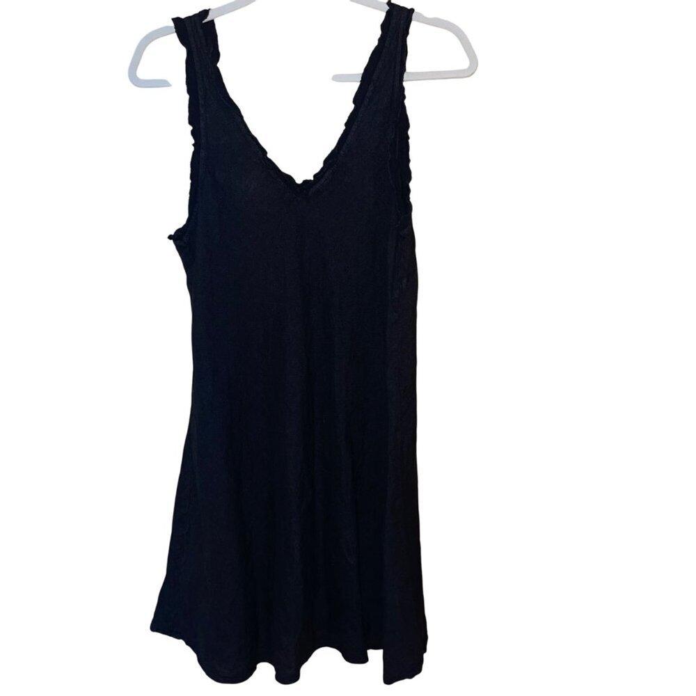 Meo Meli Womens Dress One Size Black Ruffle Trim Tank Shift Mini Pure Linen